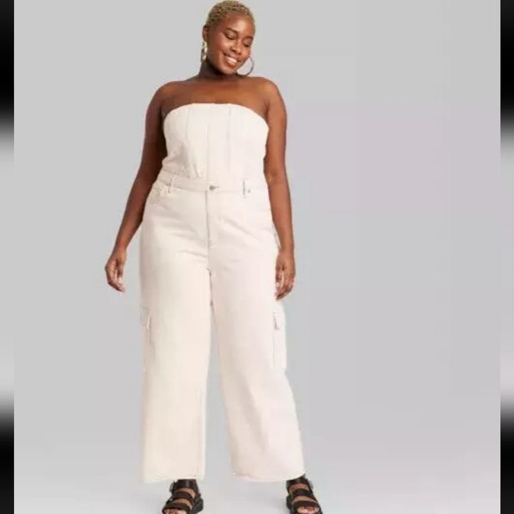 Wild Fable Off White Denim Cargo Wide Leg Tube Jumpsuit size XL